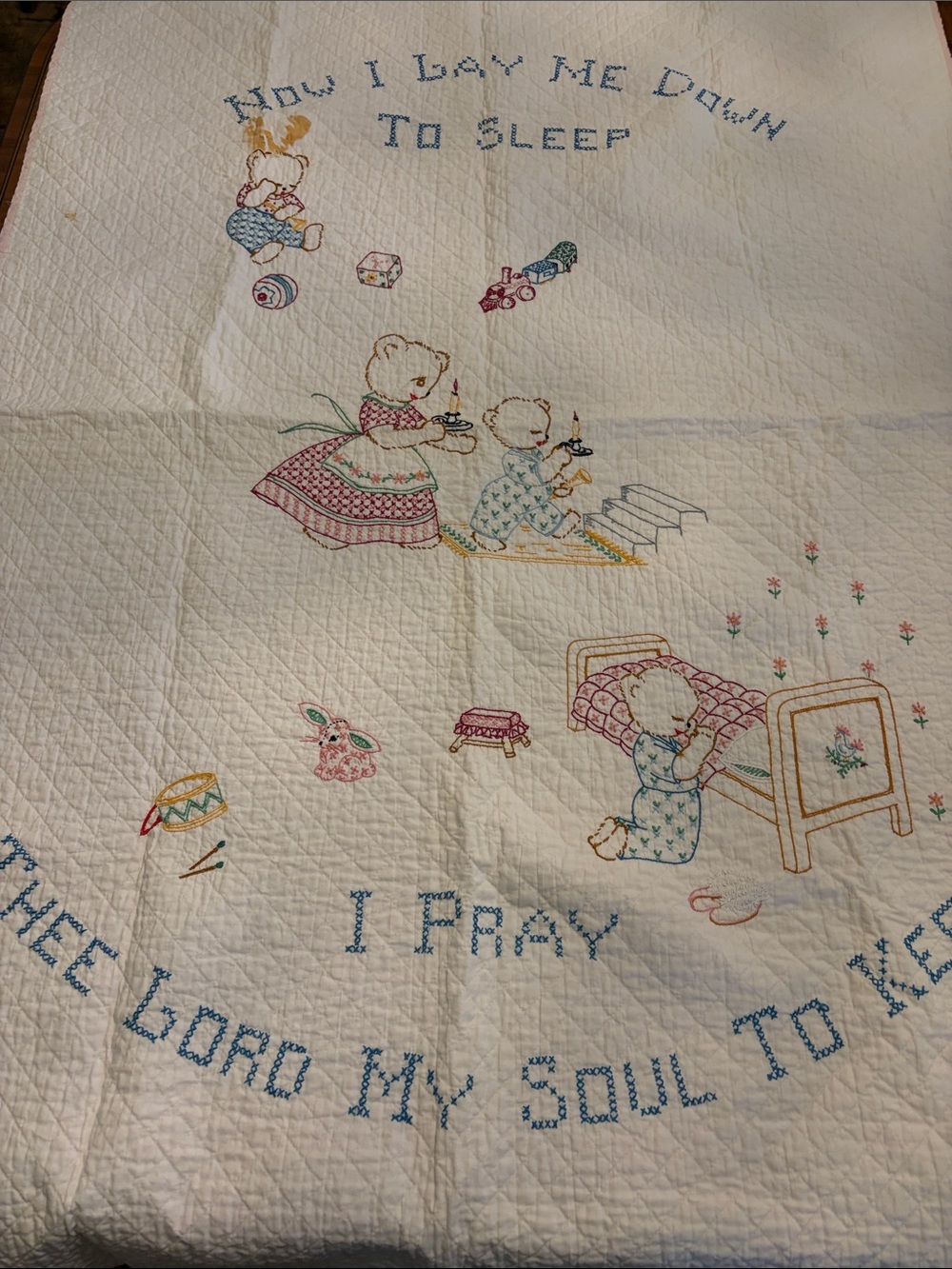 Vintage Embroidered Nursery Quilt - Pastel Multi Colors